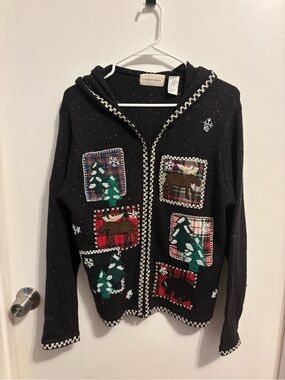 Black Holiday Patchwork Zip Hoodie Sweater